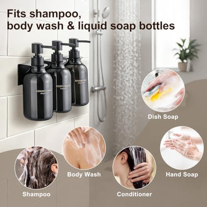 Shower Dispenser Wall Mounted Set of 3, Transparent Black | 16.9 oz Refillable Bottles, Black Pumps, No-Drill Installation, 27 Labels, For Bathrooms, Hotels and Airbnbs - color: Transparent Black Bottle + Black Pump