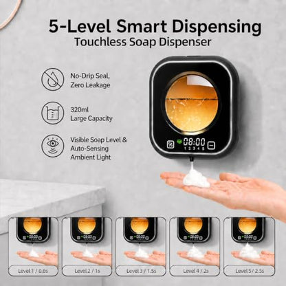Automatic Soap Dispenser Touchless, Wall Mount, Rechargeable, Mood Lighting | 5 Adjustable Foam Levels, IPX5 Waterproof, LED Clock, 320ML, Hand & Dish Soap for Bathroom Kitchen, Black - color: Foam Black