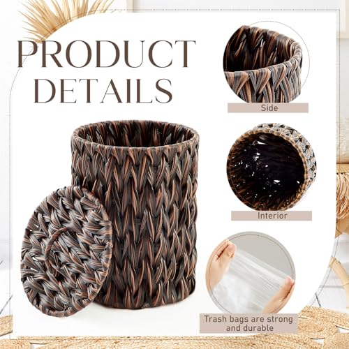 Ctosree 1.3 Gal Boho Woven Trash Can with Lid, Dark Brown | Braided polypropylene waste basket with handle and 100 garbage bags for bathroom, bedroom, office, or laundry. - color: Dark Brown, style: Round