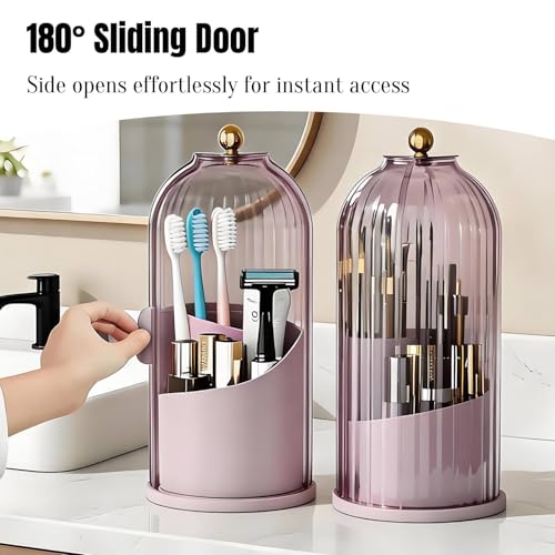 JEESA Dustproof Toothbrush Holder with Cover, Pink | 360° Rotating, 180° Sliding Lid, 3 Slots, Toothbrush Organizer, for Bathroom Countertop - color: Pink