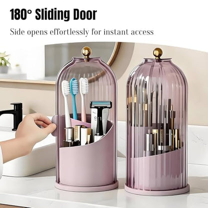 JEESA Dustproof Toothbrush Holder with Cover, Pink | 360° Rotating, 180° Sliding Lid, 3 Slots, Toothbrush Organizer, for Bathroom Countertop - color: Pink