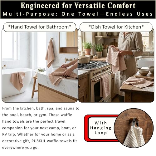 PÜSKÜL Natural 100% Turkish Cotton Waffle Kitchen and Hand Towels, 3-Piece | Beige, 32x16" Large, Premium 3D Honeycomb Weave Soft Absorbent Quick-Dry Lint-Free Dish Towel, Oeko-Tex Made in Turkey - color: Beige, size: Kitchen & Hand Towels Pack of 3