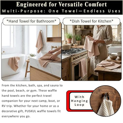 PÜSKÜL Natural 100% Turkish Cotton Waffle Kitchen and Hand Towels, 3-Piece | Beige, 32x16" Large, Premium 3D Honeycomb Weave Soft Absorbent Quick-Dry Lint-Free Dish Towel, Oeko-Tex Made in Turkey - color: Beige, size: Kitchen & Hand Towels Pack of 3
