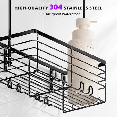 SHANSHUI Shower Hanging Caddy, Bathroom Shower Organizer Basket, Shampoo Bracket Over Door Rack with Hooks, 304 Stainless Steel - size: 11.1"D x 4.7"W x 13.6"H