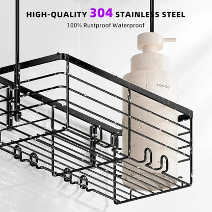 SHANSHUI Shower Hanging Caddy, Bathroom Shower Organizer Basket, Shampoo Bracket Over Door Rack with Hooks, 304 Stainless Steel - size: 11.1"D x 4.7"W x 13.6"H