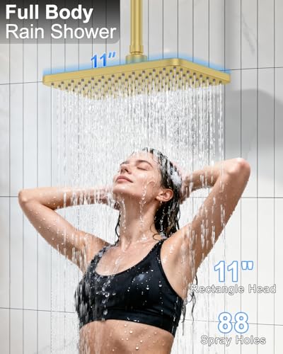 KOJOX Brushed Gold Dual Shower Head System – 11" Ceiling Rainfall + 6" Wall Mount Heads, 6-Mode Handheld Spray, Push-Button Diverter Faucet Set - color: Brushed Gold, size: 6''+11''