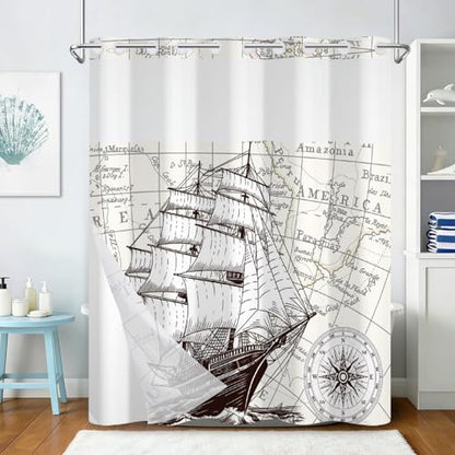 Nautical Shower Curtains for Bathroom, Retro Sailboat No Hook Shower Curtain with Snap in Liner and Sheer Top Window, Easy to Install Waterproof Fabric Shower Curtains with Weighted Hem, 71x74 Inches - color: Sailboat