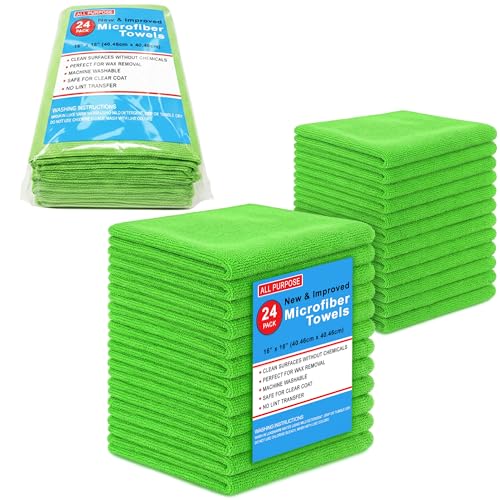 Blue Horizon Microfiber Cleaning Towels, Pack of 24, Ultra Soft Plush Washcloth, All Purpose Premium Microfiber Detailing Cleaning Cloths Reusable Shop Towels (16" x 16", Green) - color: Green
