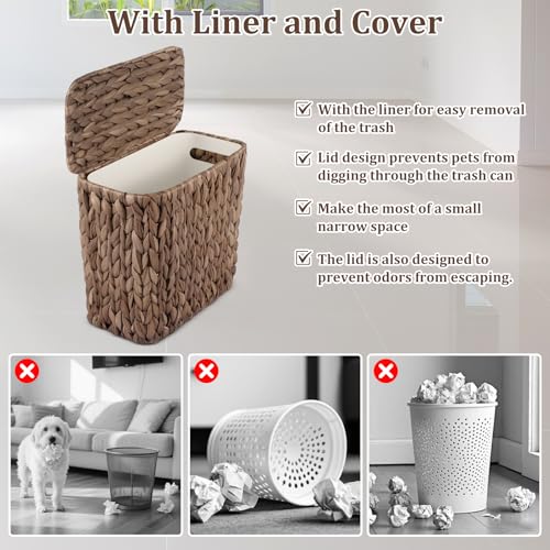 Wicker Trash Can with Lid and Liner, Handwoven Wicker Waste Basket, Water Hyacinth Bathroom Trash Can, Boho Rattan Garbage Wastebasket for Bedroom Home Living Room Office, 2.5 Gallon, Espresso - color: Espresso
