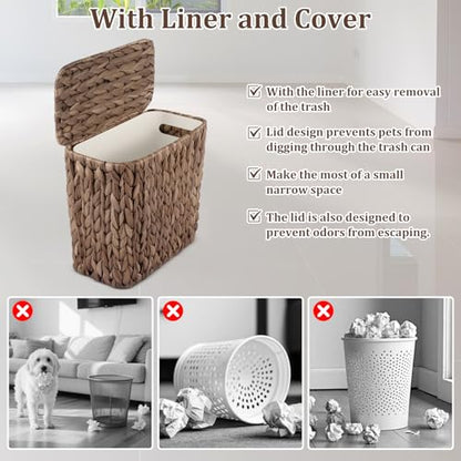 Wicker Trash Can with Lid and Liner, Handwoven Wicker Waste Basket, Water Hyacinth Bathroom Trash Can, Boho Rattan Garbage Wastebasket for Bedroom Home Living Room Office, 2.5 Gallon, Espresso - color: Espresso