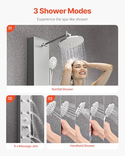VEVOR Shower Panel Tower System with Rainfall Shower Head, 49 in Brushed Stainless Steel Shower Column, 3-Function Faucet, High Pressure Wall-Mount Rain Massage System with 6 Body Jets and Handheld