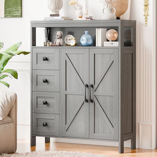 Vabches Farmhouse Storage Cabinet with 2 Doors and 4 Drawers, Wash Grey | Freestanding Bathroom Compartment Kitchen Pantry Cabinet, Floor Cupboard for Kitchen/Living Room/Bathroom - color: Wash Grey, style: 4 Drawers Ⅱ