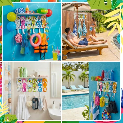 Pool Towel Rack Outdoor with 6 Hooks Summer Beach Wall Hook | 15.7" x 5.1" Wall Mounted Metal Towel Holder, Flip Hanger Hawaiian Rack, for Bathrobes Clothes Bag Swimsuit, Bathroom Decor