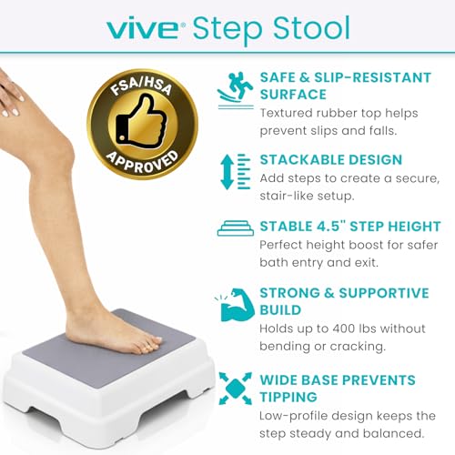 Vive Bath Shower Step Stool (4.5") - Slip Resistant, Stackable | Indoor/Outdoor - Safety Stepping Stool Bathroom Aid for Adults, Handicap, Elderly, Seniors, Bathtub, High Beds, Kitchens