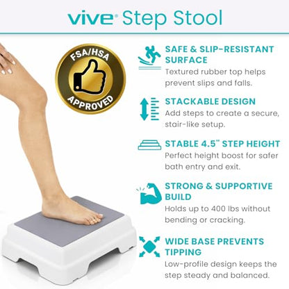 Vive Bath Shower Step Stool (4.5") - Slip Resistant, Stackable | Indoor/Outdoor - Safety Stepping Stool Bathroom Aid for Adults, Handicap, Elderly, Seniors, Bathtub, High Beds, Kitchens
