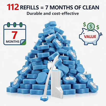 Disposable Toilet Brush and Holder Set with 112 Toilet Bowl Wand Refills | Wall-mounted Toilet Scrubber Kit-16.81" ABS Handle&Holder, 112 Sponge Brush Heads for House, Apartment, RV Bathroom Cleaning - color: 1 Pack White Toilet Brush Set