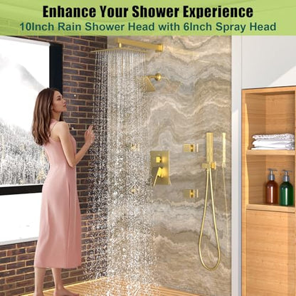 Enga Shower System with Body Jets, Dual Head 10 Inch Rain Shower Head with 6 Inch Showerhead, 4 Body Jets with 2 in 1 Handheld Spray, Brushed Gold - color: Brushed Gold, style: Wall-10"+6"+4Jets