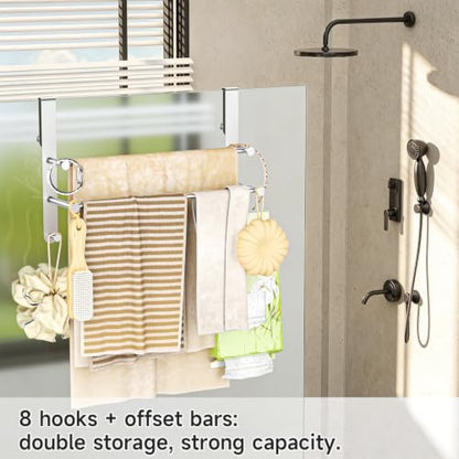 Frameless Glass Door Shower Towel Rack, Double Bar, 8 Hooks, Silver Steel | Drill-free Bathroom Towel Rack with Silent Scratch-free Pads, Ample Storage, Heavy Duty, Waterproof, Rustproof & Easy Setup