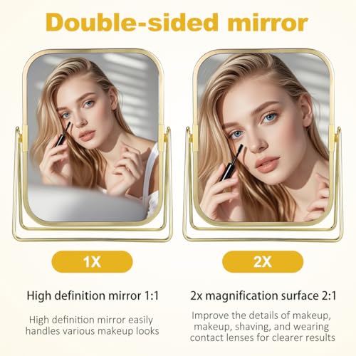Vanity Makeup Mirror with Stand Double-Sided Swivel Tabletop Mirror for Makeup Desk Bathroom Countertop Dressing Table Bedroom Dresser Golden Metal Frame 7.87 * 6.1 * 2.71inch