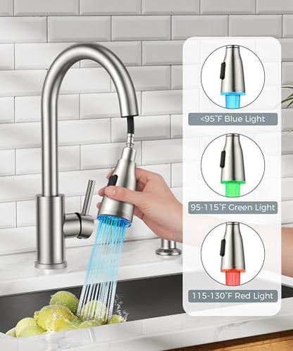 FORIOUS LED Kitchen Faucet with Soap Dispenser, Pull Down Sprayer, Brushed | Stainless Steel Single Handle, Transitional Bar Sink Faucet with LED Light Sprayer, Suitable for Outdoor Rv Laundry Camper - color: Stainless Steel, style: Transitional
