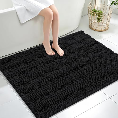 OLANLY Thick Large Bathroom Rugs 40x32, Soft Chenille Bath Rugs, Black | Absorbent Striped, Rubber Backing, Machine Wash Dry, Bath Mats for Bathroom Floor, Tub and Shower, Home Decor Accessories - color: Black, size: 40" X 32"