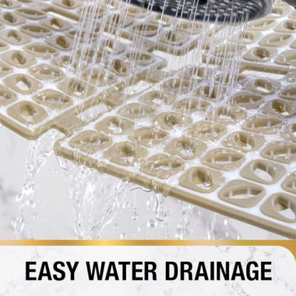 HITSLAM Shower Mat Anti Slip, 24x24 Inch Cut to Fit No Odor Soft TPE Shower Stall Mat, Square Bath Mat with Suction Cups and Drain Holes, Soft on Feet, Khaki - color: Khaki
