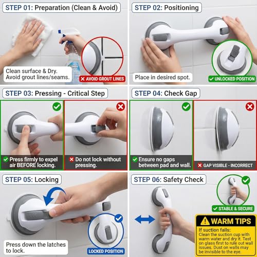 2 Pack Grab Bars for Shower - 12 Inch Suction Cup Shower Handle for Bathtubs, Strong Hold Bath Handles for Seniors, Handicap Safety Grip & Balance Assist, Tool-Free Installation