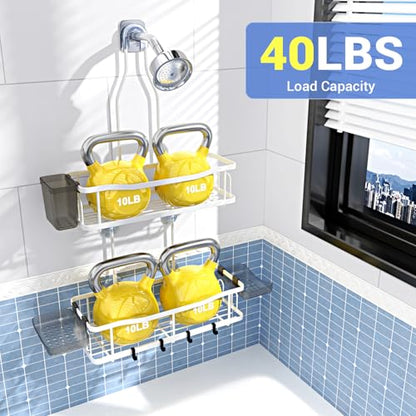 Hanging Shower Caddy Over Shower Head - No Drill Rustproof Shower Rack | Includes Soap Holder and Hooks for Shampoo, Conditioner, and Bathroom Essentials with Stable Storage in Any Shower Space - color: White