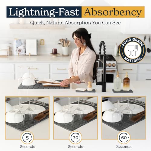 Oleex 3-Pack Stone Dish Drying Mat Set Includes 1 Large 24”x16” & 2 Small 4”x9” for Kitchen Counter-Collapsible Diatomaceous Earth Pad Absorbs Water & Dries Dishes Fast, Non-slip, Odor-Resistant Mats - color: Dark Grey Marble