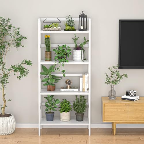 Ladder Shelf, 4-Tier Bamboo Ladder Bookshelf, 49.2” White Book Shelf, Open Bookcase Freestanding Plant Stand for Small Space, Bathroom, Living Room, Bedroom, Home Office - color: White