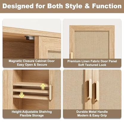 Rattan Bathroom Wall Cabinet with Open Compartments, Wall-Mounted Medicine Cabinet with Adjustable Wood Shelf & Doors, Over the Toilet Storage Cabinet for Laundry Room & Kitchen & Living Room - color: Oak Wood