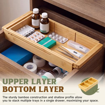Yookeer 2 Pcs Expandable Drawer Organizer Adjustable Hanging Deep Drawer 11.4'' to 18.1'' Bamboo Wood Dividers Storage Tray for Desk Kitchen Bedroom Bathroom Office Supplies
