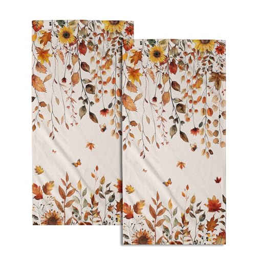 Giwawa Fall Maple Leaves Hand Towels Set of 2 Autumn Sunflower Dish Towel Soft Absorbent Guest Fingertip Bath Towel for Bathroom Kitchen Decorative - color: Autumn Leaves Flower