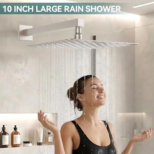 STARBATH Shower Faucet Set Shower System with Diverter Valve Brushed Nickel | 10" Wall Mount Rain Shower Head and Handheld Spray for Two Person,Shower System with Diverter Valve and Trim Kit Complete - color: Brushed Nickel, size: 10"-01