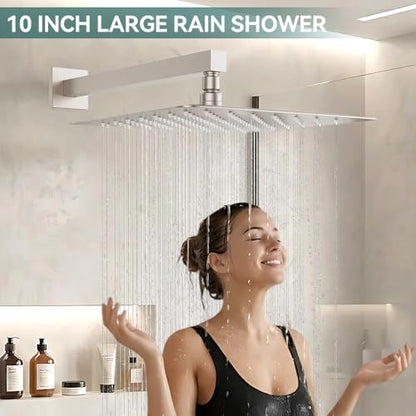 STARBATH Shower Faucet Set Shower System with Diverter Valve Brushed Nickel | 10" Wall Mount Rain Shower Head and Handheld Spray for Two Person,Shower System with Diverter Valve and Trim Kit Complete - color: Brushed Nickel, size: 10"-01