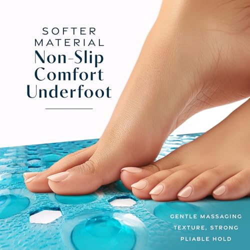 SlipX Solutions 39"x16" Power Grip Non Slip Bathtub Shower Mat, Aqua | Stronger Wet Surface Protection, Soft Under Foot, 265+ Suction Cups, Large Drainage Holes - color: Clear Aqua