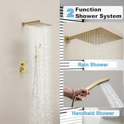 Brushed Gold Shower System with 12-Inch Rain Showerhead and Handheld | Innovative air-injection technology for low pressure, high-flow rate up to 3.22 GPM ensuring powerful consistent stream - color: Brushed Gold, style: 12"-Without Tub Spout