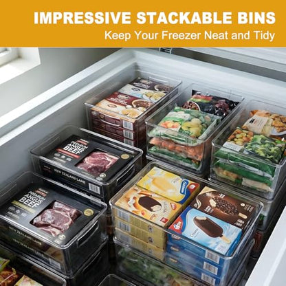 Hudgan 8 Pack Freezer Organizer Bins,Stackable,Clear Bins for Fridge,Pantry | Straight Side, 3 Sizes, 2 XL Storage Container, 3 Large Cabinet Organizer, 3 Medium Storage Drawer - size: 2XL+3L+3M