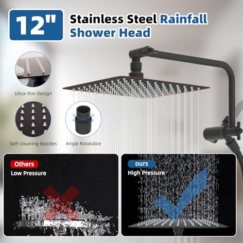 12" Metal Rainfall Shower Head with 10-Mode Handheld, Oil Rubbed Bronze | NSF/ANSI/CAN 372 Certified, High Pressure Showerhead Combo with 11" Adjustable Shower Arm, 71" Hose, Shower Head Holder - color: Oil Rubbed Bronze, style: Square 12"