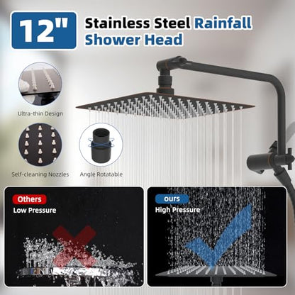 12" Metal Rainfall Shower Head with 10-Mode Handheld, Oil Rubbed Bronze | NSF/ANSI/CAN 372 Certified, High Pressure Showerhead Combo with 11" Adjustable Shower Arm, 71" Hose, Shower Head Holder - color: Oil Rubbed Bronze, style: Square 12"