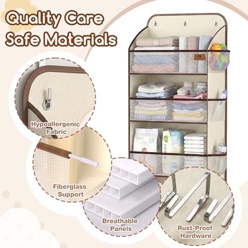 Baby Nursery Over The Door Organizer, 10 Pocket Hanging Storage | Removable Diaper Caddy & 3 Sturdy Hooks, 55LBS Capacity Baby Essentials Holder for Bathroom Bedroom Closet, Beige