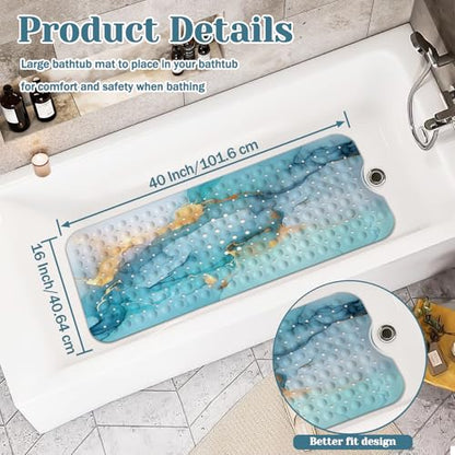 Marble Bath Tub Mat Non Slip, Green Blue Marble Non Slip Bath Mat for Shower, Large Washable Shower Mats for Showers with Drain Holes and Suction Cups,40 X 16 Inch - color: Green Blue Marble