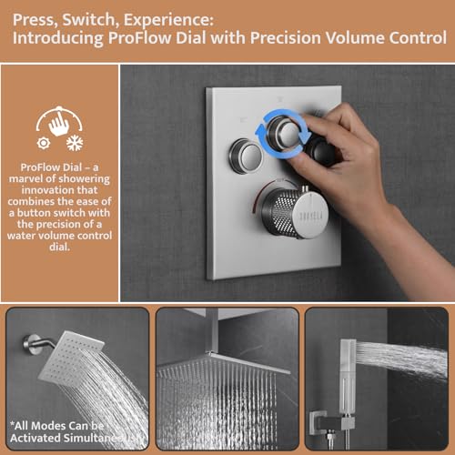 Thermostatic Shower System Brushed Nickel, Push Button Diverter Shower Faucet with 2 in 1 Handheld, Ceiling Mount 12 Inch Shower Head with 6 Inch Wall Mount Shower Head - color: Brushed Nickel, style: 12 Inch