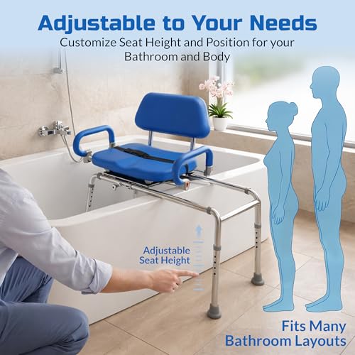 Carousel Sliding Shower Chair Tub Transfer Bench with Swivel Seat Elderly | Slide Safely In & Out of the Tub - Blue, padded seat, padded armrests, swivel seat, backrest, portable, tool-free assembly - color: Blue