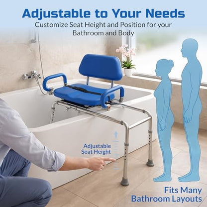 Carousel Sliding Shower Chair Tub Transfer Bench with Swivel Seat Elderly | Slide Safely In & Out of the Tub - Blue, padded seat, padded armrests, swivel seat, backrest, portable, tool-free assembly - color: Blue