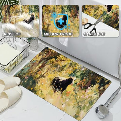 Bathroom Runner Mat Rugs Long,Cow On A Summer Pasture Style Diatomite Stone Bath Mat Large Absorbent Diatomaceous Earth Mat Non Slip Fast Dry Shower Mat Bathroom Rugs Floor Mat 16x42in - color: Design12