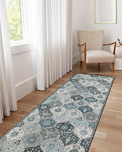 Lahome Moroccan Washable Runner Rug, 2x6 Blue Kitchen Runners for Hallways | Non Slip Vintage Trellis Laundry Room Rug Vintage Ultra-Thin Long Carpet for Kitchen Bedroom Elise,, Blue - color: Dusty Blue Grey, size: 2' x 6' (Runner)
