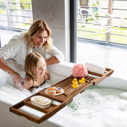 Luxury Teak Bathtub Tray - Foldable Bath Caddy with Expandable Handles, Wine Glass & Phone Holder, Book Stand - Enhance Home Spa Experience with Natural Material - Relaxing & Reading, Teak - color: Teak