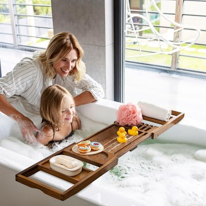 Luxury Teak Bathtub Tray - Foldable Bath Caddy with Expandable Handles, Wine Glass & Phone Holder, Book Stand - Enhance Home Spa Experience with Natural Material - Relaxing & Reading, Teak - color: Teak