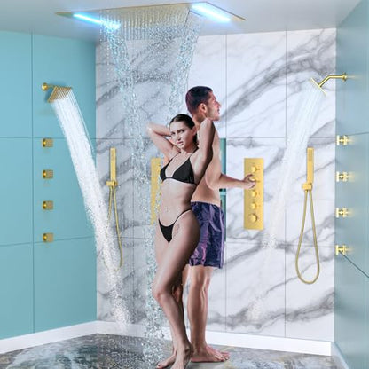 HOMEDEC Dual Shower System for Two, LED 14x20" & 6" Shower Heads, 4-Way Diverter Valves, Shower Faucet Set with Body Jets & Handheld, Brushed Gold - color: Brushed Gold